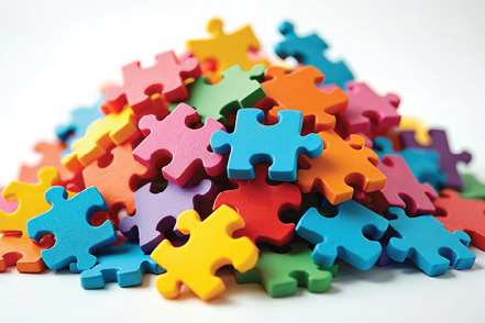 A pile of brightly colored interlocking jigsaw puzzle pieces.