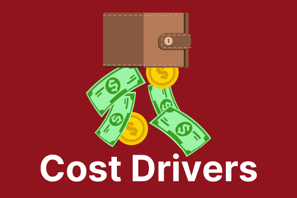 Cost Drivers graphic showing banknotes and coins falling from a brown wallet against red.