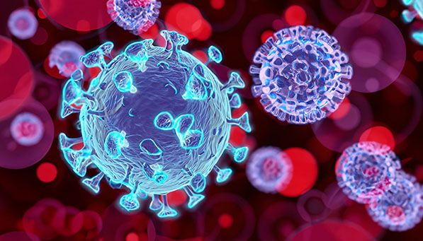 Illustrated blue virus particles float against a red microscopic-style background.