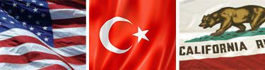United States, Turkey and California flags displayed side by side.