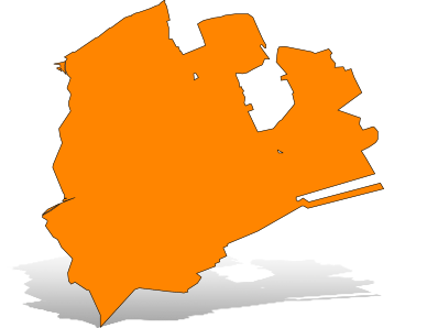 Orange silhouette map of Milpitas with a drop shadow.