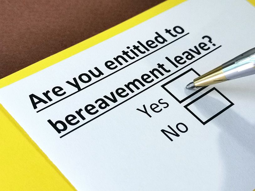 A form asks 'Are you entitled to bereavement leave?' with Yes and No checkboxes beside a pen.