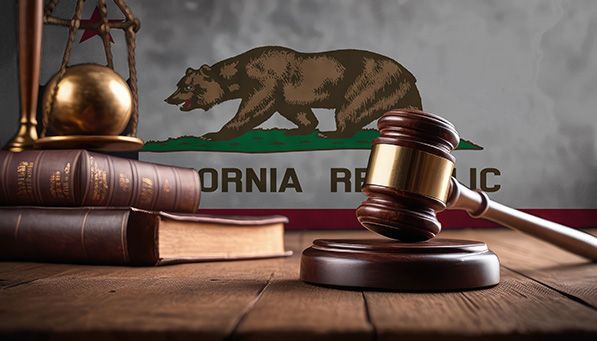 A gavel, scales and law books stand before a California Republic flag.