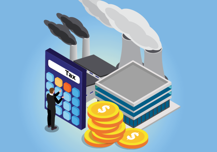 Illustration of factories emitting smoke beside a tax calculator and stacks of gold coins.
