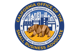 California Office of the Small Business Advocate seal, featuring a gold bear and blue buildings.