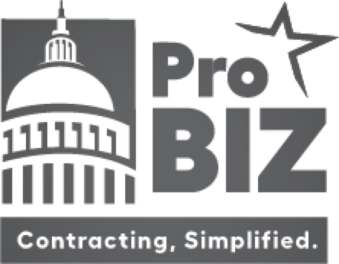 Pro BIZ logo with a capitol dome and star above the words 'Contracting, Simplified.'