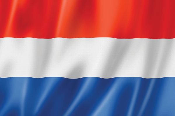 Waving Netherlands flag with horizontal red, white and blue stripes.