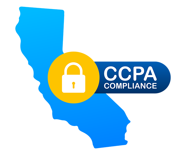 A blue California silhouette and yellow padlock beside the words CCPA Compliance.