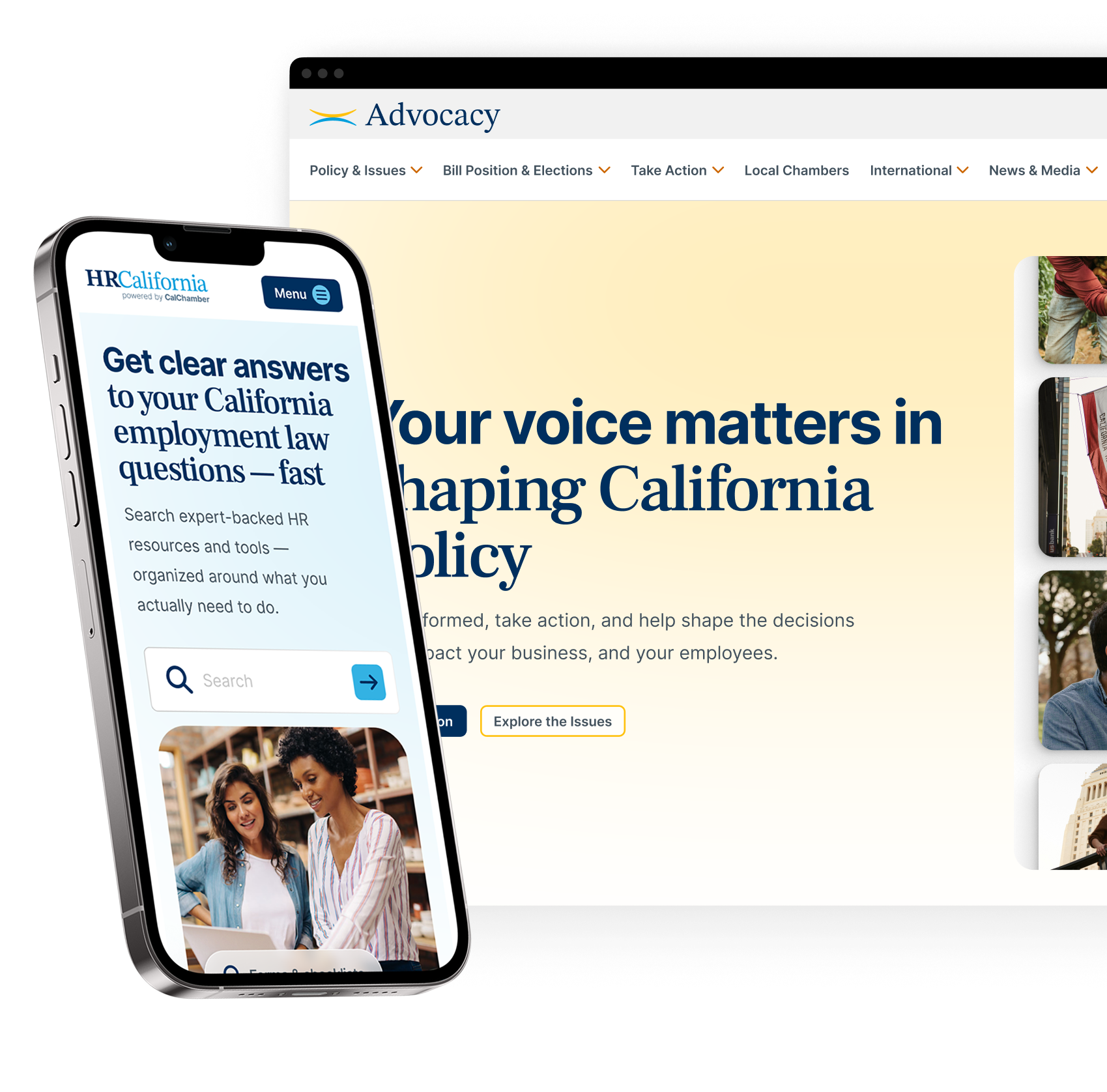 A smartphone displays the HRCalifornia website, partially covering a desktop monitor showing an Advocacy website with the headline "Your voice matters in shaping California public policy."