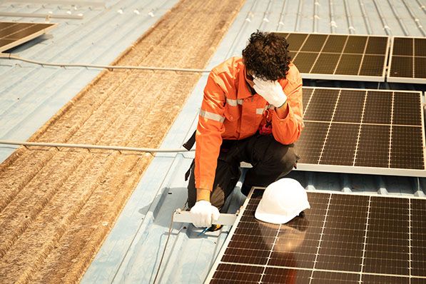 A worker in an orange jumpsuit looks stressed on a rooftop with solar panels and a hard hat.