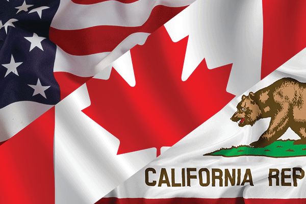 Overlapping Canada, United States and California flags with maple leaf, stars and bear emblems.