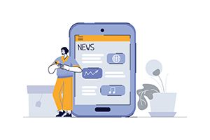 Illustration of a person using a megaphone beside a large smartphone showing a news page.