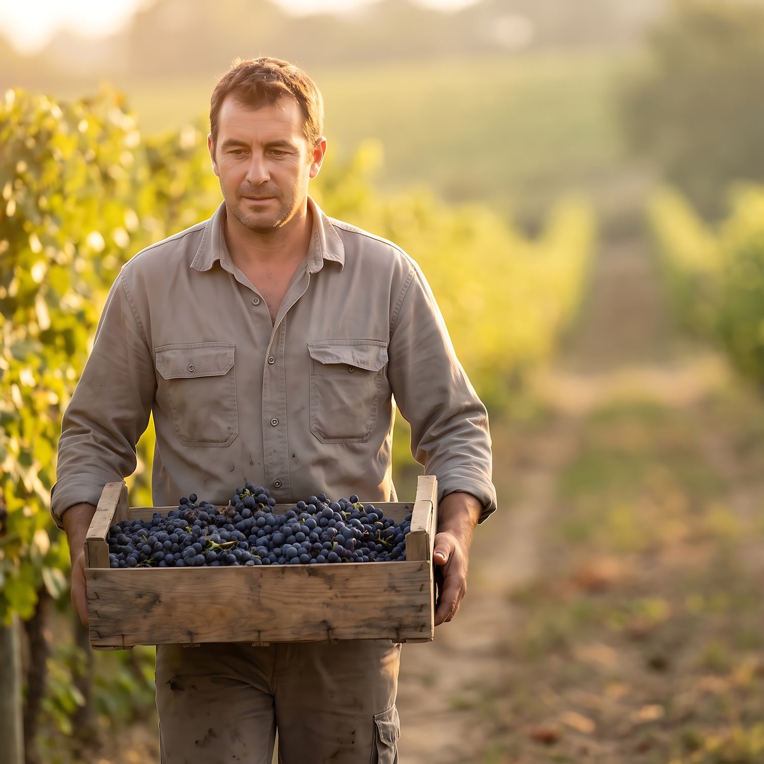 A vineyard worker carries a wooden crate filled with dark grapes between sunlit vines.