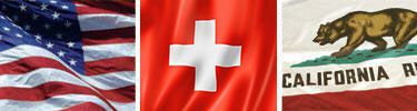 United States, Switzerland and California flags displayed side by side.