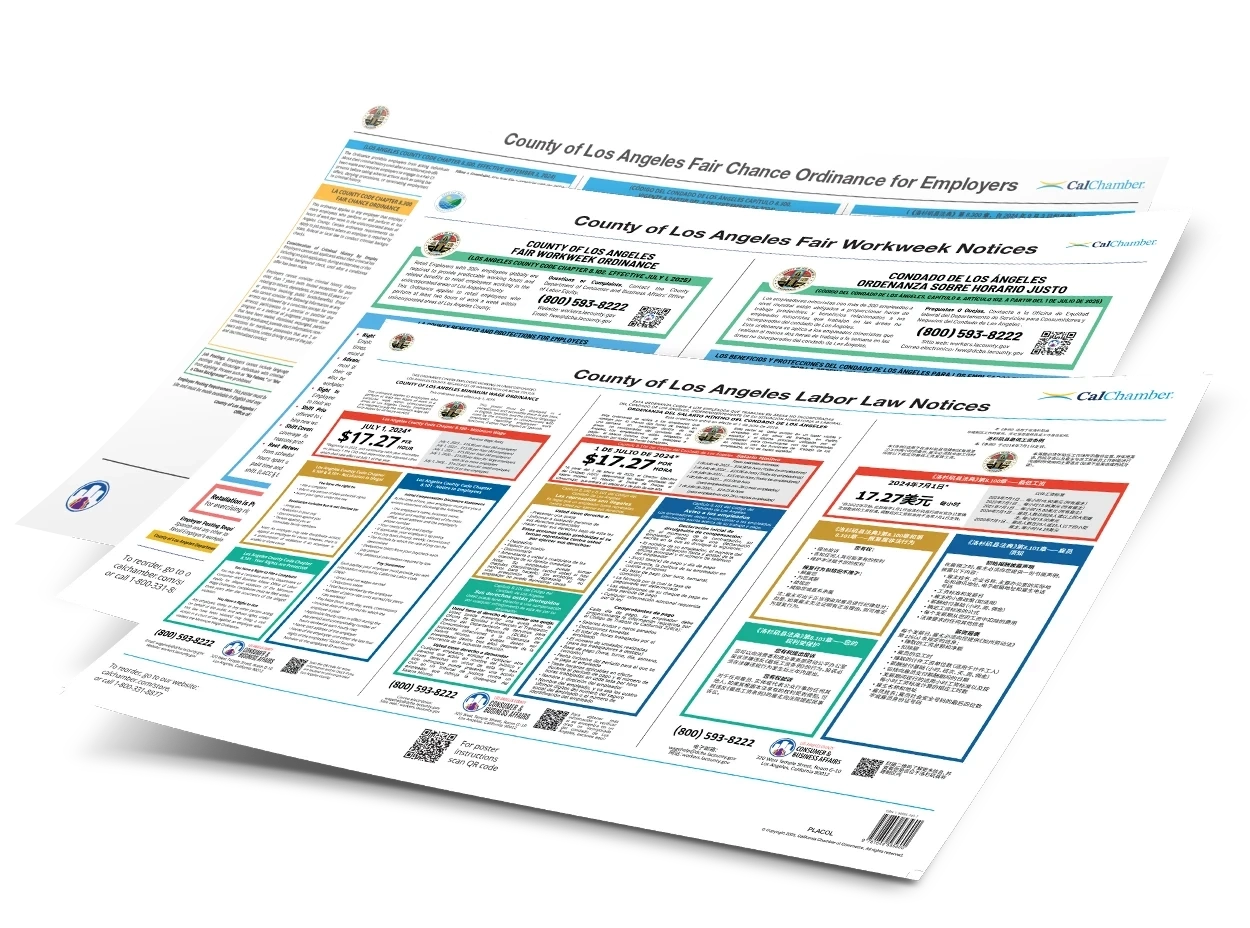 Three stacked posters displaying Los Angeles County labor law notices, including fair workweek, fair chance, and a prominent $17.27 minimum wage.