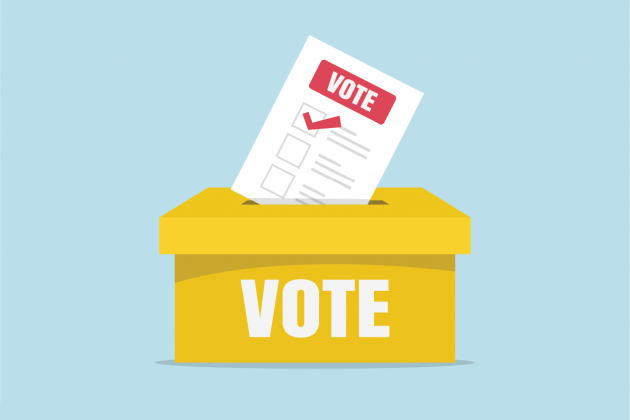 Illustration of a checked ballot being inserted into a yellow box labeled Vote.