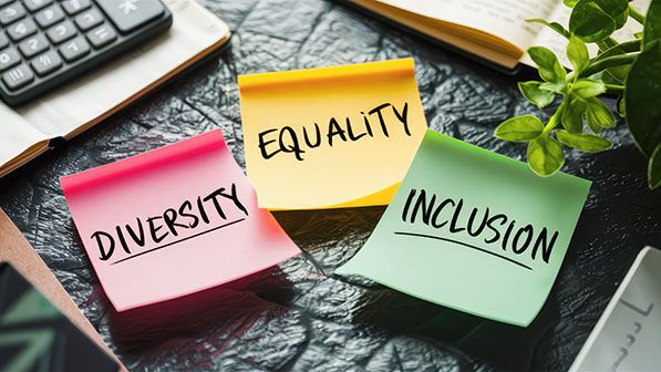 Sticky notes labeled DIVERSITY, EQUALITY and INCLUSION on a desk.