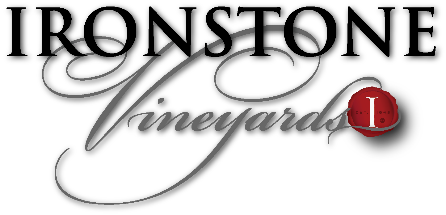 Ironstone Vineyards wordmark with sweeping gray script and a red seal marked I.