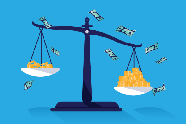 Illustrated balance scale holds unequal piles of gold coins as banknotes float around it.