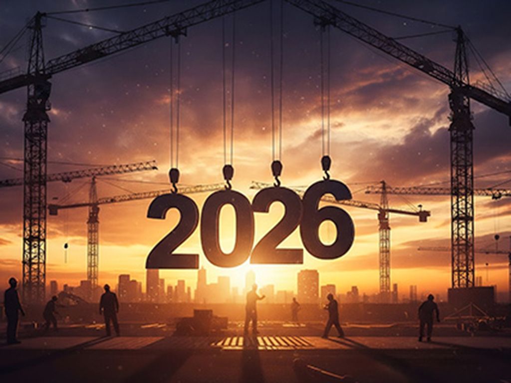 Construction cranes suspend large 2026 numerals over a building site at sunset.