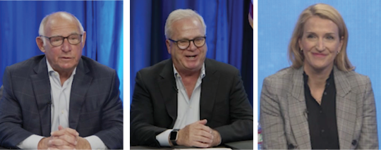 Three side-by-side video stills show two men wearing glasses and a woman during a studio discussion.