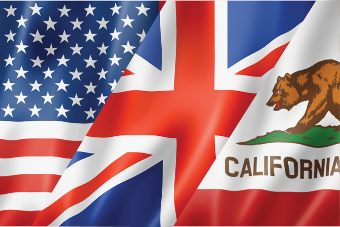 U.S., United Kingdom and California flags shown side by side.