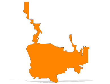 Orange silhouette map of Pasadena with a drop shadow.