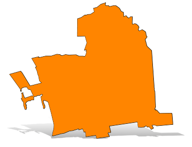 Orange silhouette map of Berkeley with a gray drop shadow.