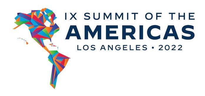 IX Summit of the Americas, Los Angeles 2022 logo with a colorful geometric map of the Americas.