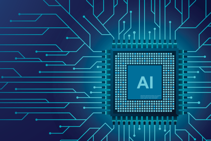 An AI-labeled microchip surrounded by glowing blue circuit traces.