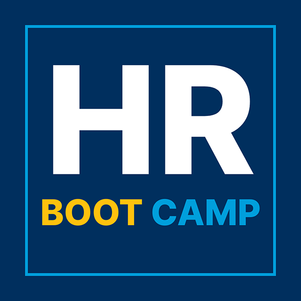 Logo: HR Boot Camp. White "HR", gold "BOOT", and blue "CAMP" text on a dark blue background with a light blue frame.