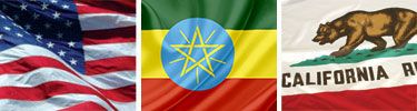United States, Ethiopia and California flags displayed side by side.