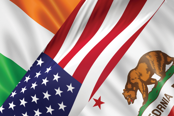 Overlapping Ireland, United States and California flags.