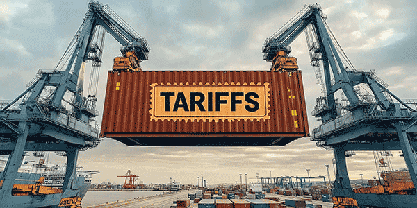 Two port cranes lift a container bearing a large TARIFFS label.
