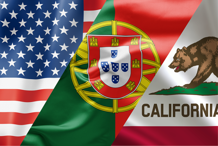 Overlapping United States, Portugal and California flags.