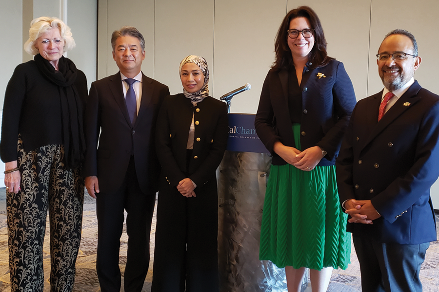 At the international breakfast meeting of the CalChamber Council for International Trade on September 8 are (from left) Susanne T. Stirring, CalChamber vice president of international affairs; Kenko Sone, consul general of Japan; Anil Fahriza Adenan, consul general of Malaysia; council Chair Jennifer Haley, president and CEO of Kern Energy; and Ambassador Carlos González Gutiérrez. consul general of Mexico.