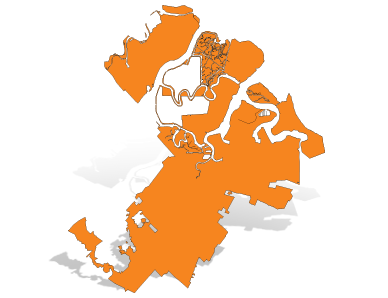 Orange silhouette map of Redwood City with a gray drop shadow.