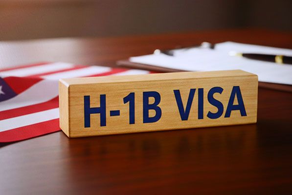 Wooden sign reading H-1B VISA on a desk beside a United States flag and paperwork.