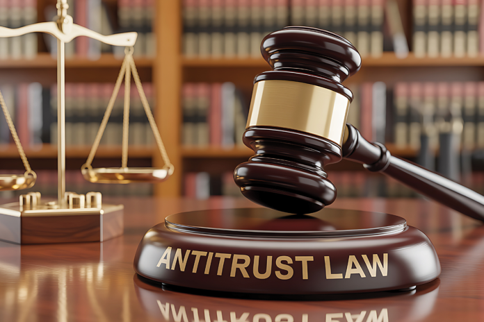 A gavel rests on a block labeled "ANTITRUST LAW," with a scale of justice and bookshelves in the background.