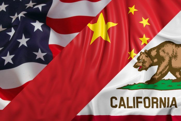 U.S., Chinese and California flags layered across the image.