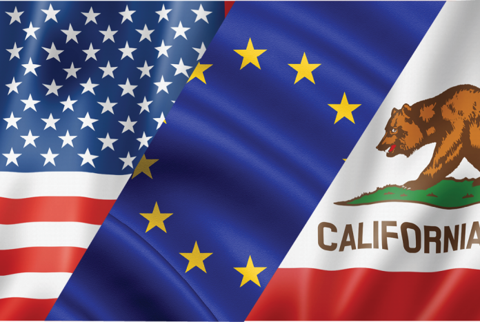U.S., European Union and California flags displayed side by side.
