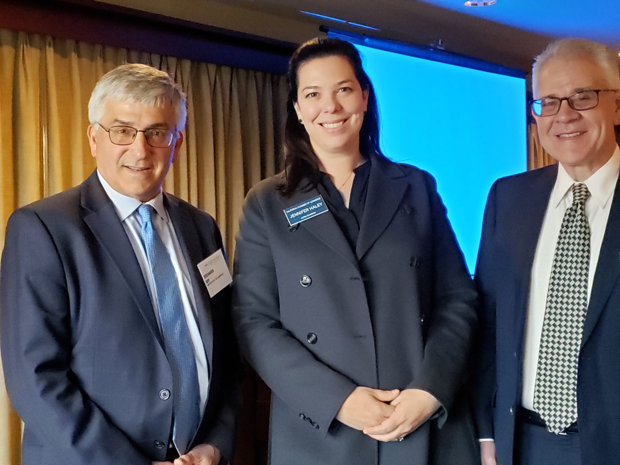 (From left) Richard Kiy, Institute of the Americas; CalChamber Council for International Trade Chair Jennifer Haley, Kern Energy; and William Sawyers, Del Monte Foods, breakfast sponsor.