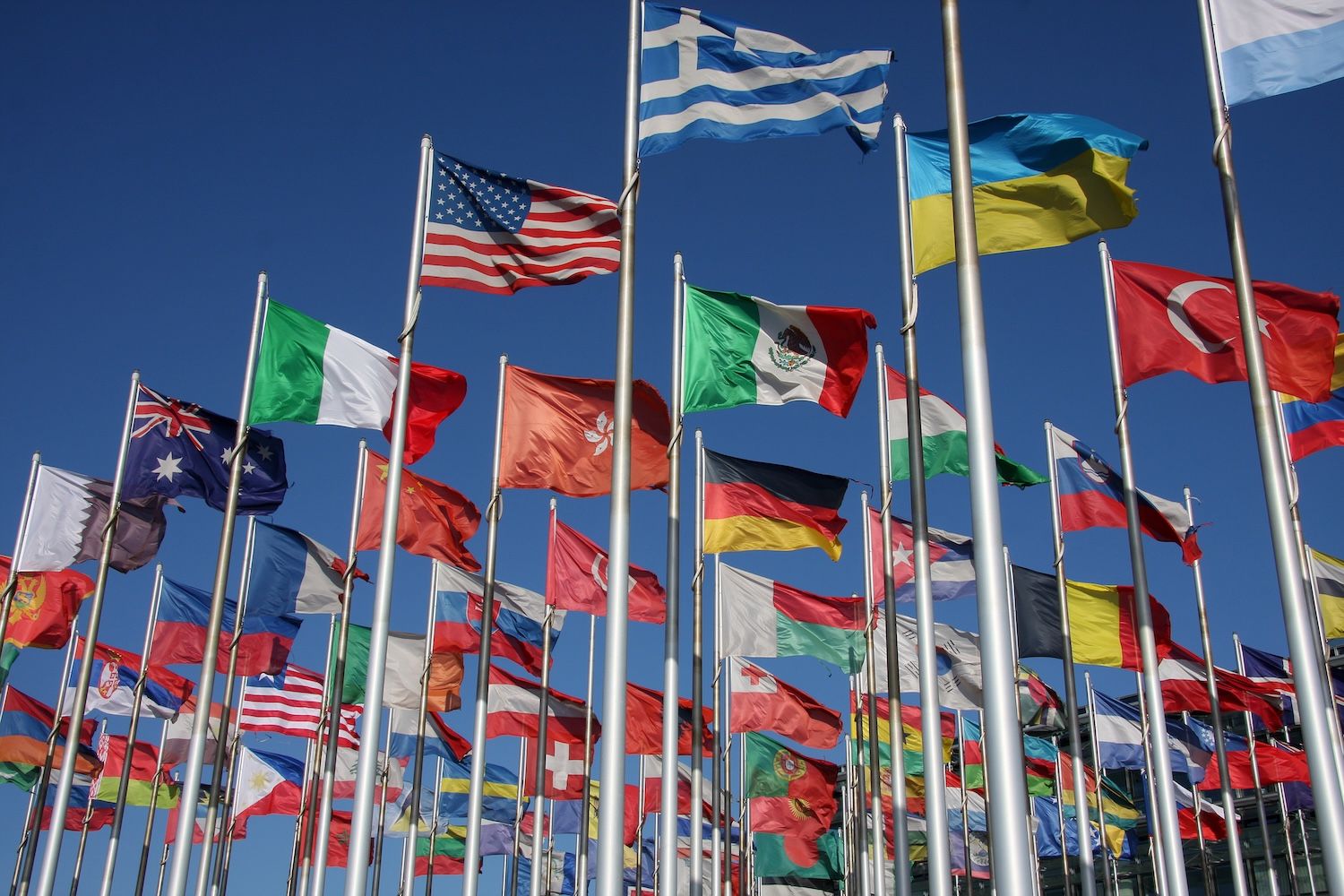Rows of international flags fly from tall poles against a clear blue sky.