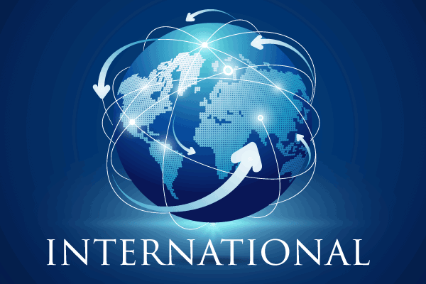 Blue globe showing a global network with arrows and the word 'INTERNATIONAL'.
