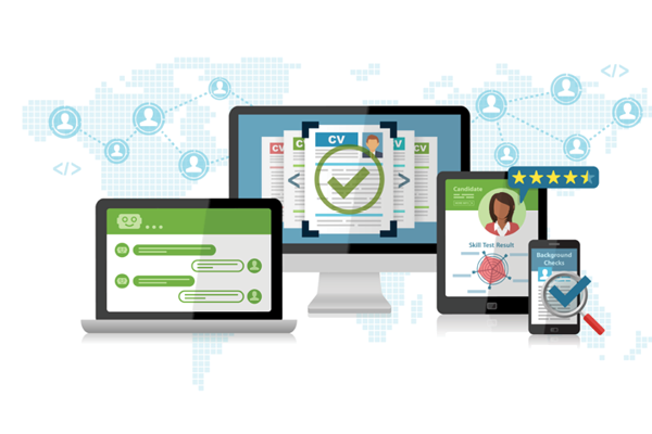 Illustration of computers and mobile devices displaying resumes, background checks and candidate ratings.