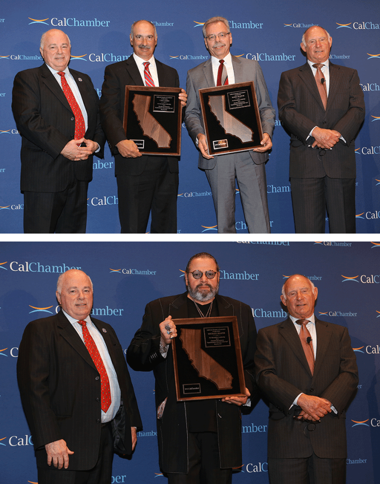 Two stacked photos show award recipients holding framed California plaques against a CalChamber backdrop.