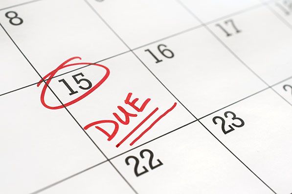 A calendar date of 15 is circled in red with DUE written beneath it.