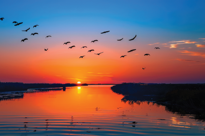 Birds fly above water reflecting an orange sunset beneath a blue sky.