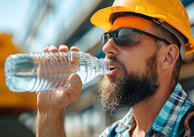 A worker wearing a yellow hard hat and safety glasses drinks from a water bottle.