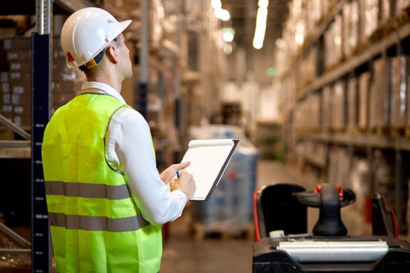 A warehouse worker wearing a hard hat and reflective vest holds a clipboard beside stocked shelves.